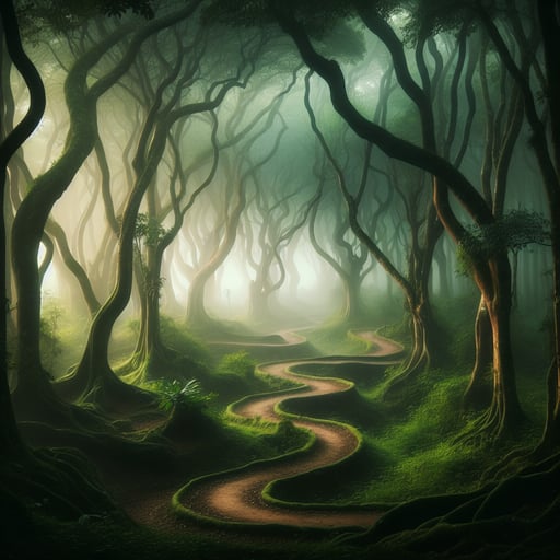 A peaceful and mystical forest in the early morning mist, paths winding into the unknown, perfect as a refreshing good morning image.