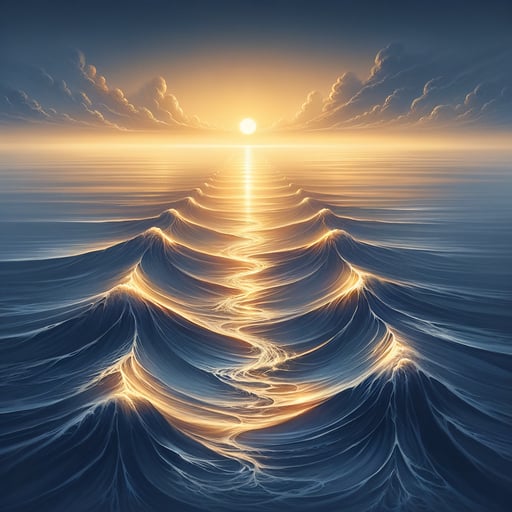 Serene good morning image of the sun rising over a calm ocean, its golden light creating a shimmering path on the water.