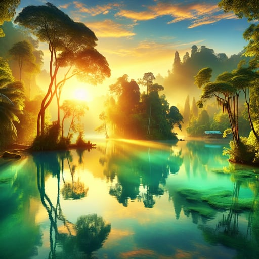 A peaceful good morning image showcasing a serene lake, lush greenery, and golden sunlight filtered through trees, reflecting pure tranquility.