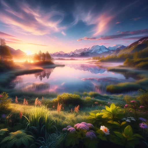 Serene lake at dawn reflecting soft pastel sunrise with snow-capped mountains in the background - a tranquil good morning image.