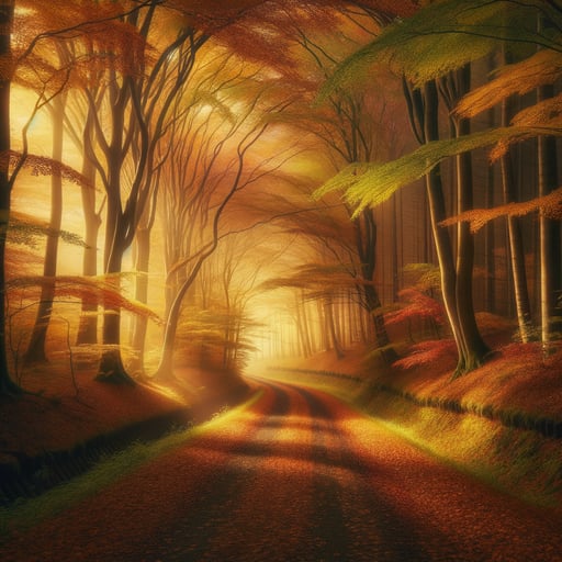 Tranquil good morning image of a gentle lane meandering through an autumn forest, with no figures or animals.