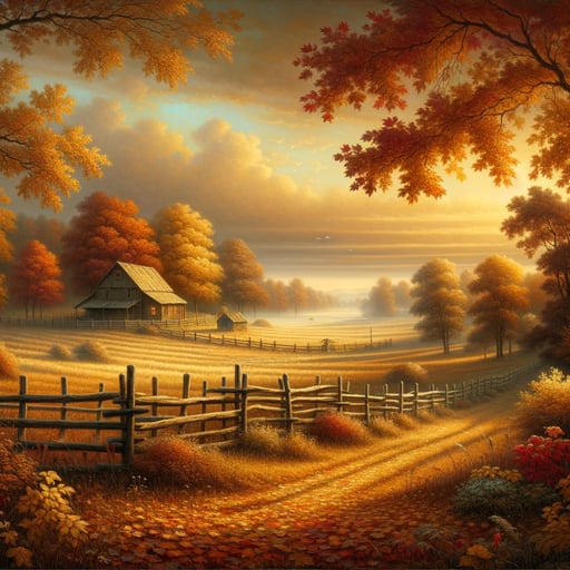 Serene autumn morning in the countryside, with golden leaves and a warm sunrise. Good morning image.