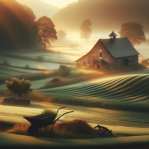 Tranquil good morning image of a sunrise over a serene farm with dewy crops, a wooden barn, and hints of daily farm life.