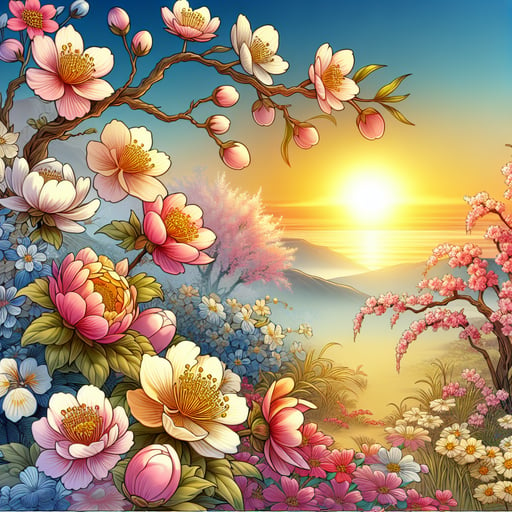Serene morning scene with fully bloomed flowers, displaying a vibrant array of colors under a tranquil sky, perfect as a good morning image.