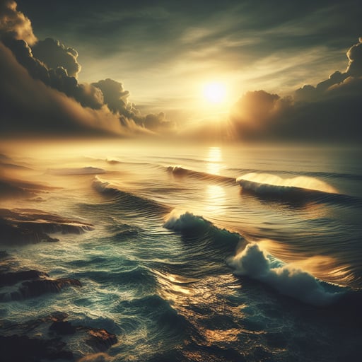 Good morning image of a powerful yet tranquil ocean under golden sunlight, inspiring awe and reverence.