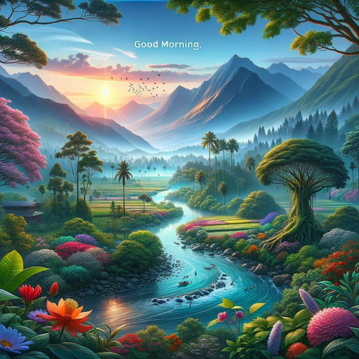 Serene good morning image of a river flowing through a vibrant landscape with mountains and a dew-filled, clear sky.