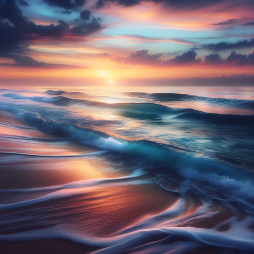 The horizon alight with sunrise colors over the calm ocean, waves gently caressing the shore, good morning image.