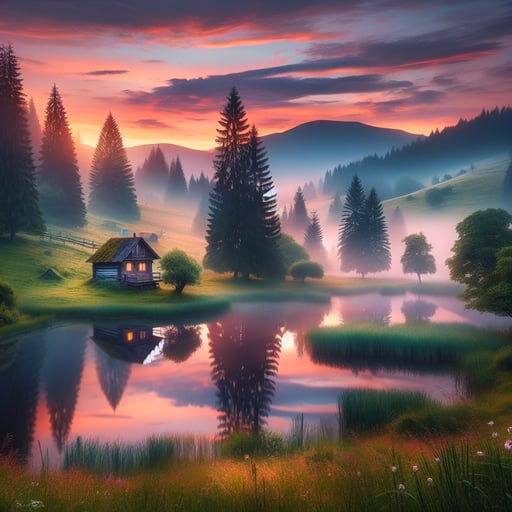 A peaceful summer dawn retreat with a wooden cottage by a calm lake, surrounded by greenery and gentle meadows, epitomizing a good morning image.