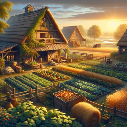 A serene good morning image of a traditional farm landscape with thatched roofs, a variety of crops, and a sun-kissed creek.