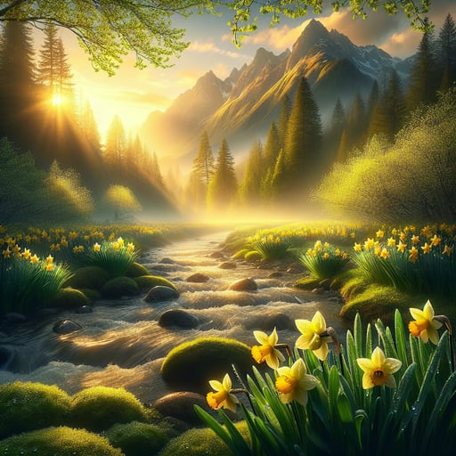 A serene river flows amid blooming flowers and dew-laden leaves under a sunrise touching mountaintops, epitomizing a rejuvenating good morning image.