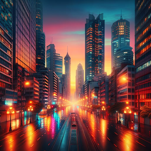 Early morning in a vibrant metropolis, high-rise buildings and shimmering streets under a colorful dawn, good morning image.