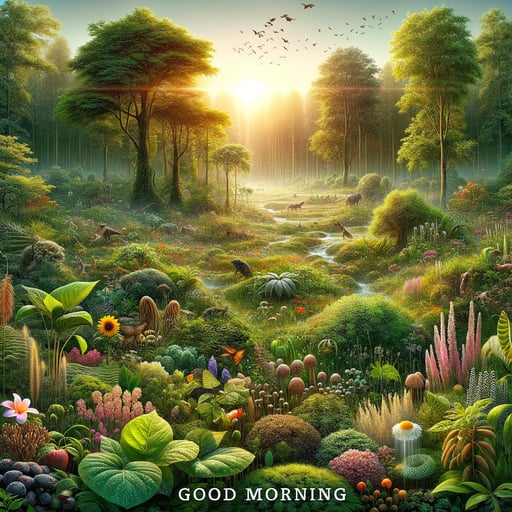 A serene good morning image showcasing a lush landscape, sparkling dewdrops, and vibrant greenery without animals.