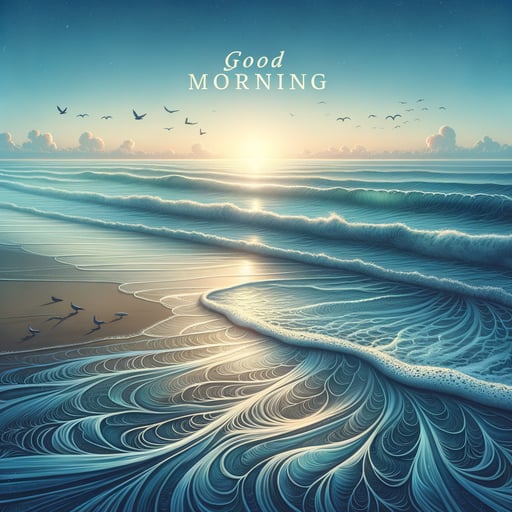 Ocean beach at sunrise with gentle waves and a subtle 'Good Morning' message, inspiring serenity.