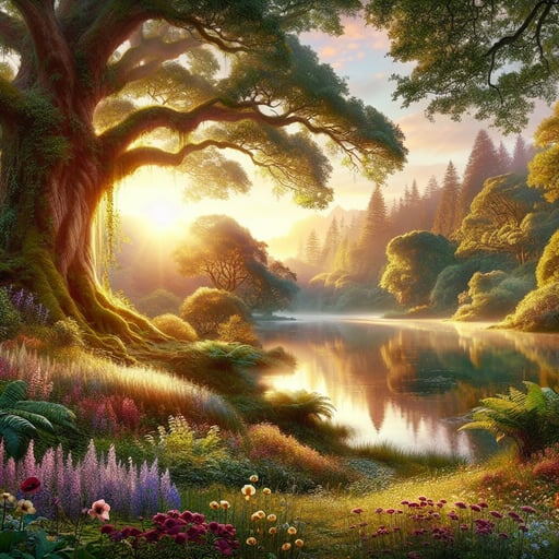 Serene morning in an enchanted forest with ancient trees, a reflective lake, blooming flowers, and a dew-kissed meadow, devoid of any living beings.