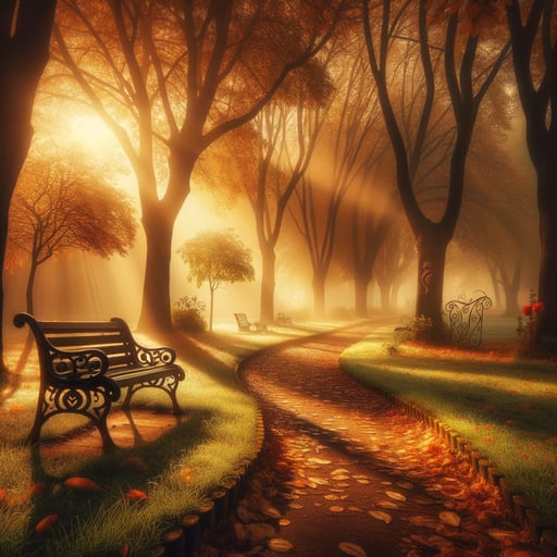 Serenity of an empty park bench in misty morning, with leaves scattered and tree-carved initials.