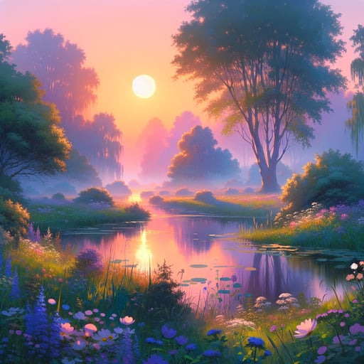 Tranquil summer morning scene with lush meadows, wildflowers, shimmering pond, and tall trees reflecting the sunrise hues - good morning image.