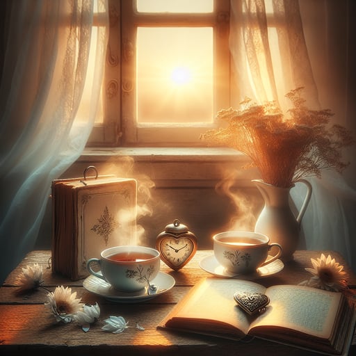 A tranquil morning scene with steaming cups of tea on a rustic table, a heart-shaped locket, an open book with a dried flower bookmark, and a serene garden view.