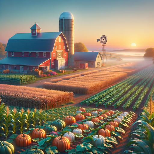 A peaceful sunrise illuminates a plentiful farm with crops, a red barn, silos, and a windmill in the clear morning.