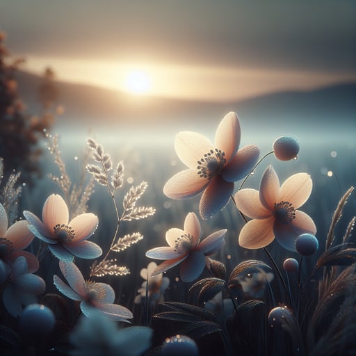 A good morning image showcasing delicate flowers with dew under the gentle sunrise, conveying tranquility and peace.