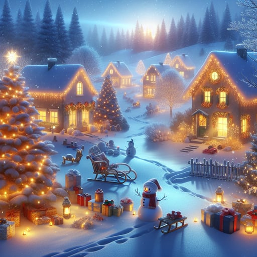 Winter morning scene with snow-covered homes lit by fairy lights, a decorated tree with presents, and evidence of a jovial gathering, welcoming you with a good morning image.