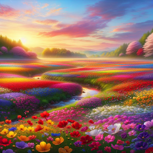 Vibrant fields of red, yellow, purple, and blue flowers under a pastel sky, a perfect good morning image.