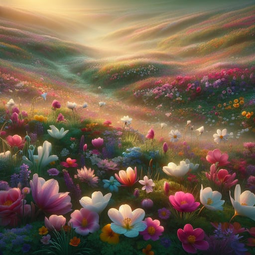 Serene spring morning landscape with dew-kissed flowers in a myriad of colors, symbolizing new beginnings and hope, perfect as a good morning image.
