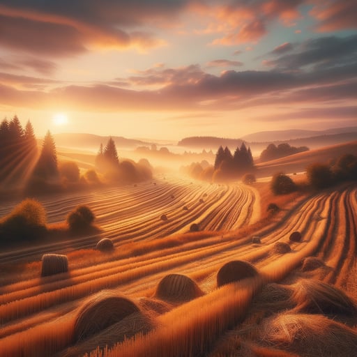 A tranquil morning landscape with harvested fields in autumn colors and a soft pink and purple sky, good morning image.