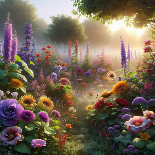 A peaceful garden scene at dawn with vibrant flowers, dew-kissed petals reflecting sunlight, set under a clear blue sky, perfect as a good morning image.