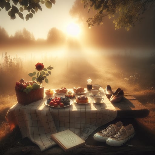 A serene good morning image, with a romantic picnic setup in a misty sunrise, complete with fresh fruits, pastries, a red rose, poetry, and coffee.