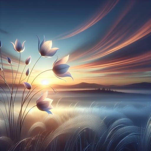 A beautiful good morning image depicting serene flowers gently swaying in the breeze at dawn, symbolizing elegance and tranquility.