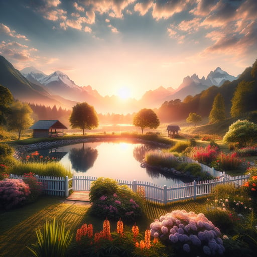 A serene good morning image depicting a blissful summer retreat surrounded by lush greenery, colorful flowers, a tranquil water body, and mountains under a warm sunrise.