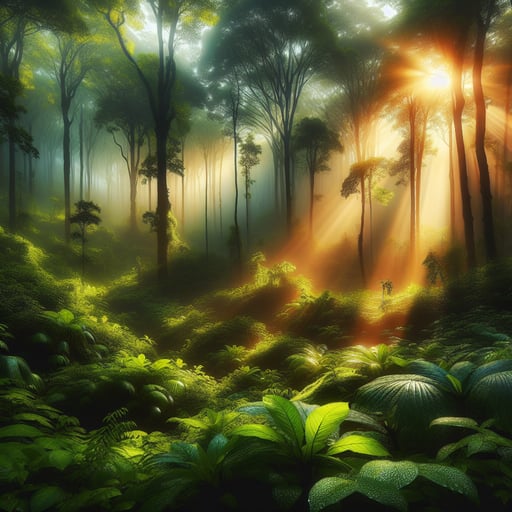Serene morning in a lush forest, sunlight piercing through dense foliage, creating spots of light and dew-covered leaves reflecting prisms of sunlight in this good morning image.