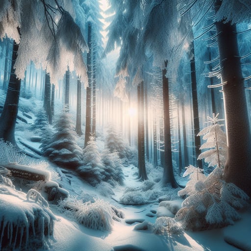 A serene winter forest at dawn, with snow-laden trees and the ground covered in a pristine white blanket, embodies a good morning image.