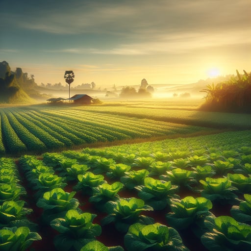 A serene good morning image of sunlight dawning over healthy, vibrant crops in a peaceful, flourishing farmland.