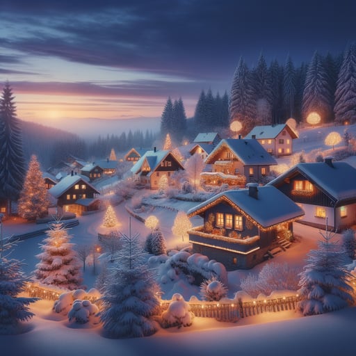 A tranquil good morning image of a snow-laden village at dawn, homes softly lit beneath a pastel sky.