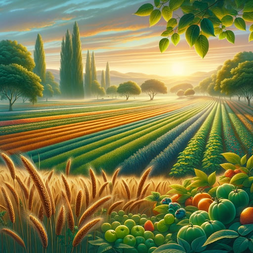 A serene dawn over a verdant farm, highlighting ripe grains and lush vines with dew, embodying a calm and fruitful start to the day in this good morning image.