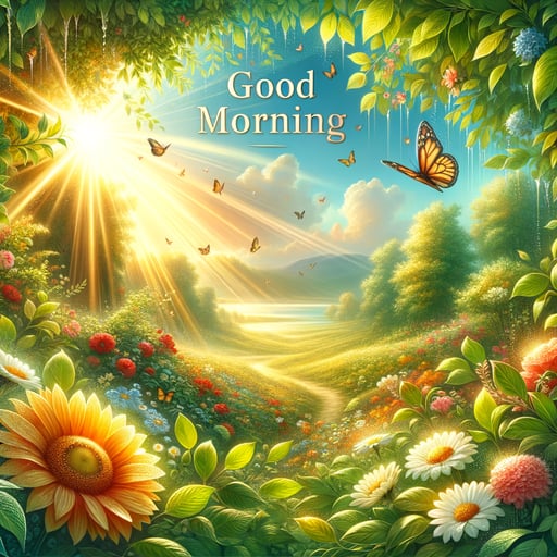 Serene summer morning scene, sunbeams through lush foliage, vibrant nature in bloom, with 'Good morning' subtly engraved.