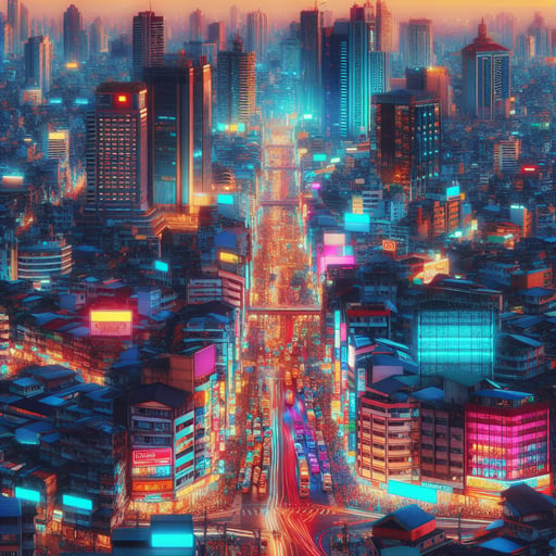 A vibrant cityscape at dawn, bustling with activity and glowing neon signs, but no people in sight, encapsulating the early morning's energy in a good morning image.