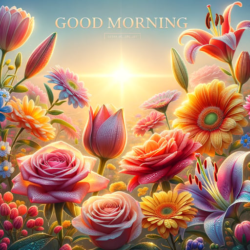 A serene good morning image with radiant flowers glowing in the sunlight, jeweled with dewdrops reflecting the soft light.