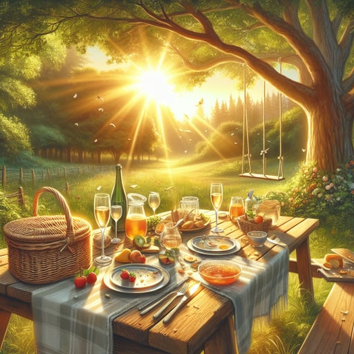 A beautiful summer morning landscape, glowing with sunshine and the remains of a joyful feast on a wooden table, invoking a good morning image.
