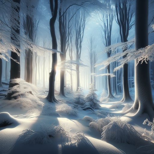 A serene and enchanting winter forest landscape beautifully illuminated by early morning sunlight, perfect as a good morning image.