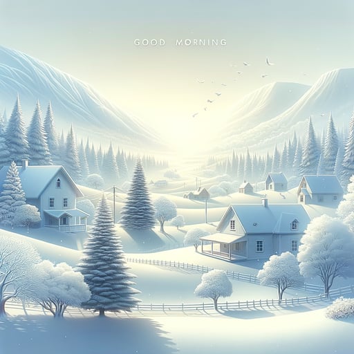 A peaceful winter morning scene with fresh snow covering trees, houses, and mountains, constituting a good morning image.