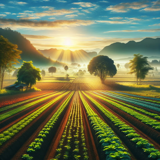 A peaceful and fertile farm landscape bathed in the gentle light of morning, showcasing rows of potential growth and vibrant life, perfectly capturing a serene good morning image.