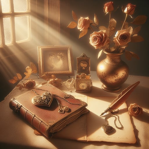A serene good morning image featuring a vintage diary with a heart-shaped lock, a quill, dried roses, and a gold locket with a sepia photo, all bathed in soft sunlight.