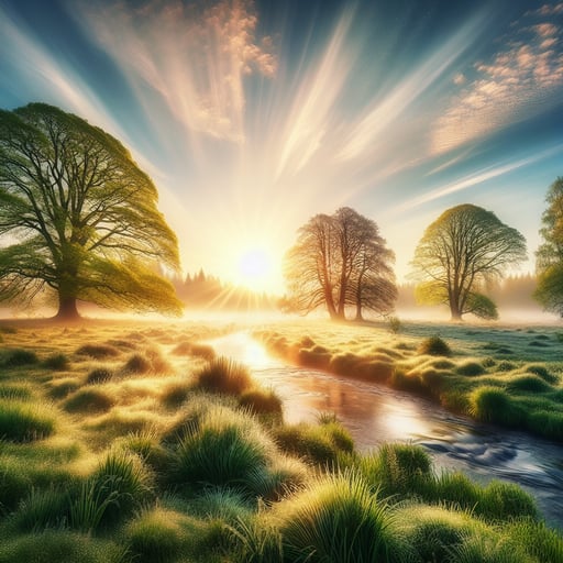 A soothing good morning image showing a rejuvenating spring landscape with a serene river, vibrant green trees, and a gentle dawn light.
