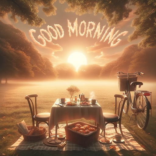 Serene morning scene with a picnic, empty chairs facing each other, and a bicycle for two near a tree.