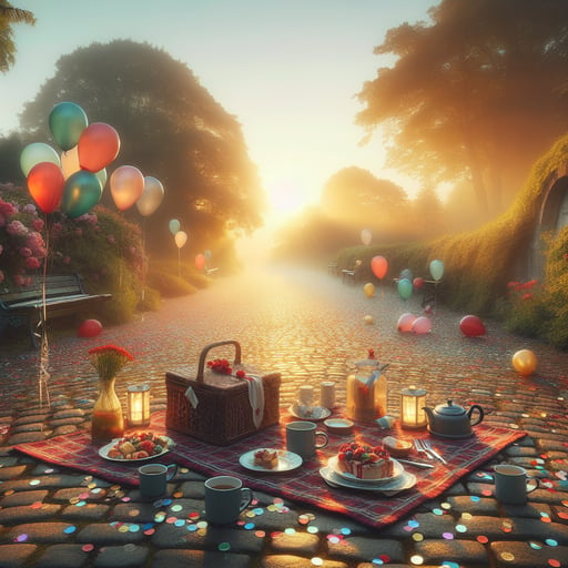 Serene good morning image of a sunrise over a cobblestone courtyard, strewn with colorful confetti and remnants of a surprise party, evoking a sense of romance and connection.