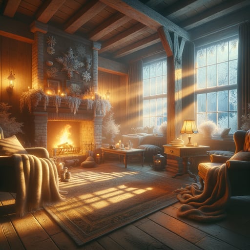 Cozy winter morning scene with a crackling fireplace, warm blankets, and frosty windows, encapsulating a serene good morning image.