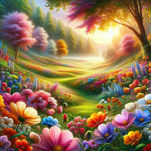 A vibrant and lush morning landscape filled with colorful flowers glistening with dew, a serene and cheerful good morning image.