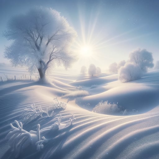 A serene good morning image of a vast winter landscape, untouched snow sparkling under a gentle sun.